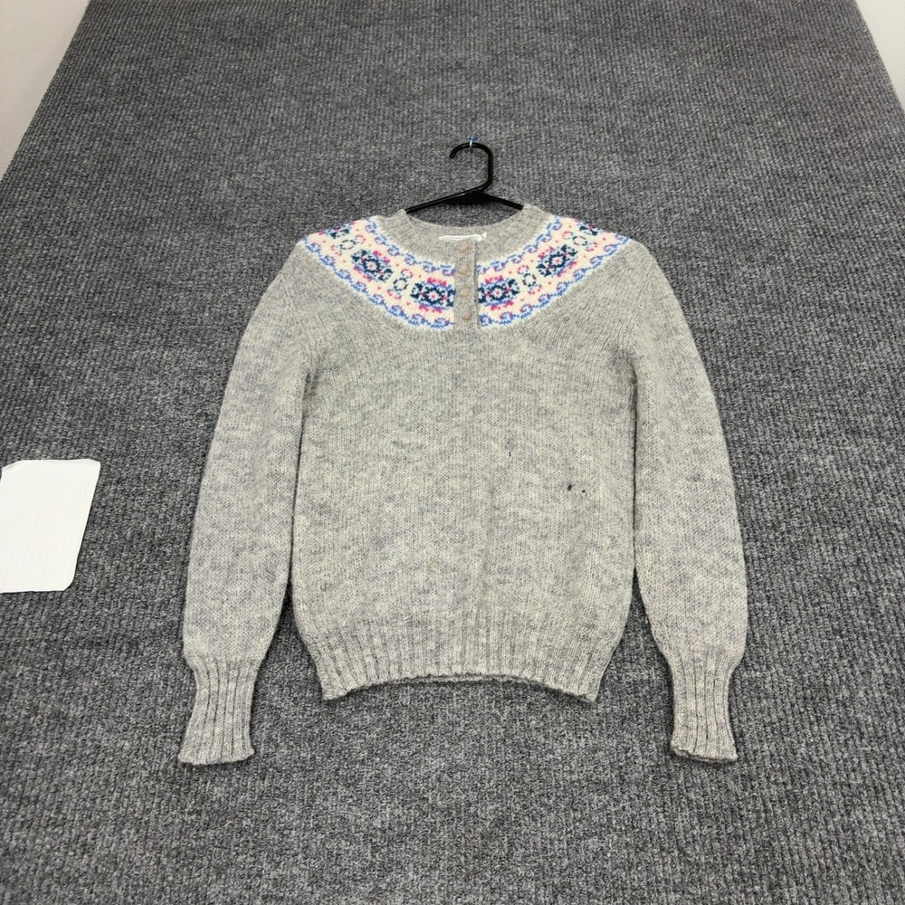 Vintage Deans of Scotland Sweater Womens 34 Gray Wool Fair Isle Crewneck Retro